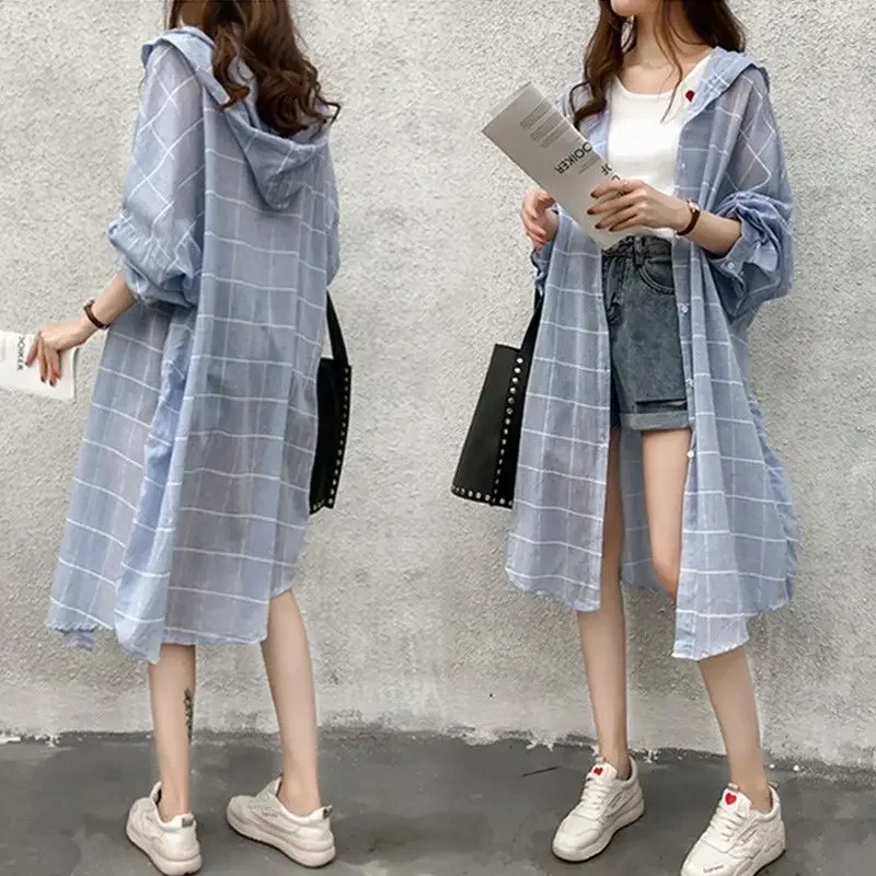 여성용 긴 후드 코트 블라우스, 격자 무늬 셔츠, 여름