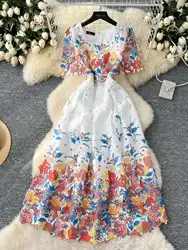 Elegant Flower Embroidery Hollow Out Lace Evening Dresses Women Summer Short Sleeve Princess Retro Midi Long Party Dress Gradien