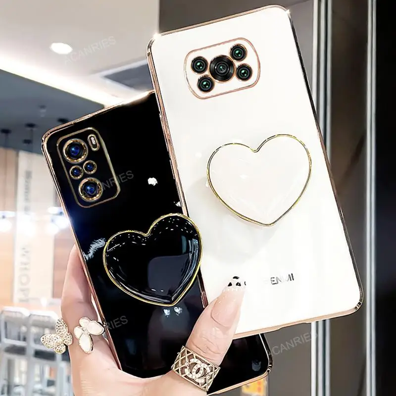 Case For Xiaomi Mi Poco X3 Nfc M3 M4 Pro F3 5g X3pro Plating Love Heart Holder On Xiomi Poko X 3 Luxury Stand Silicone Cover