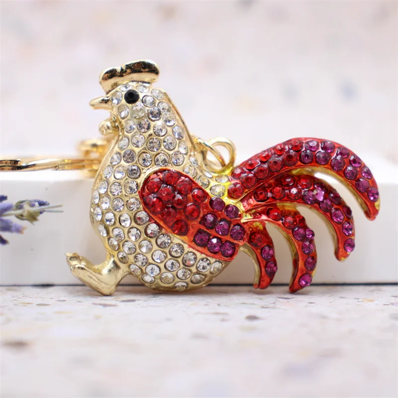 Luxury Rooster Keychains Women Rhinestone Hen Car Key Chain Metal Pendant Chicken Keyring Holder Female Bag Accessories