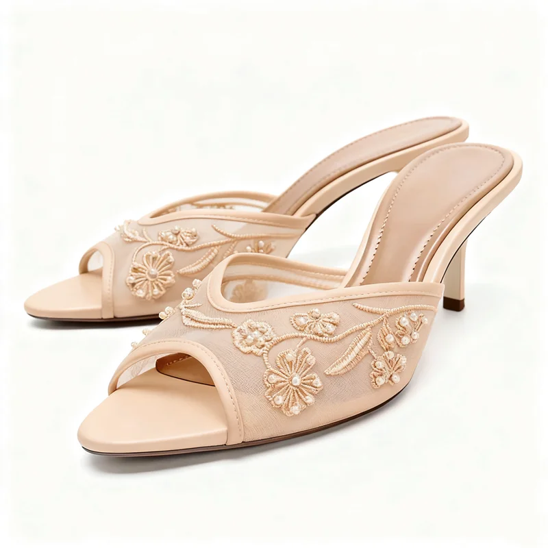 الفاخرة التطريز سلسلة حبة تزيين النعال النساء موضة أشار تو اللمحة تو كعب رقيقة صندل الشريحة شبكة مريحة Zapatos Mujer