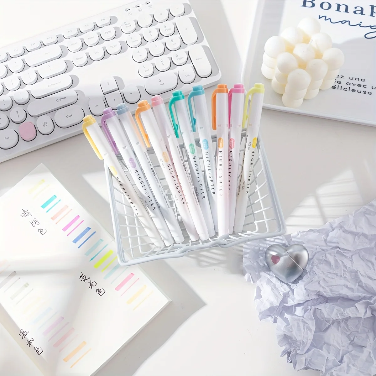 5pcs Fluorescent Markers, Macaron, Silver Glitter, Multi-Color, High-Value, Luminous, for Note-taking, Highlighting, Hand Diary