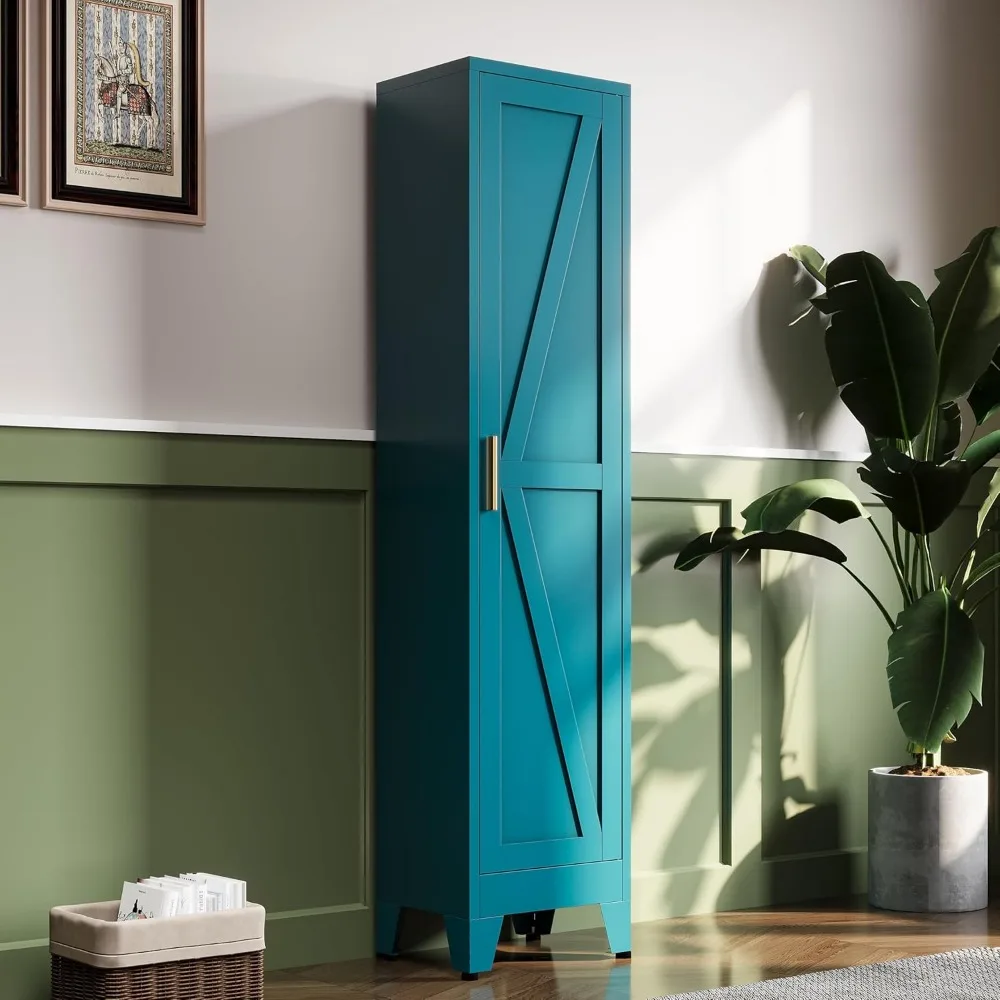 67“H Blue Narrow Kitchen Cabinet, Metal Skinny Pantry Storage Cabinet,Tall Narrow Bathroom Storage Cabinet with Adjustable Shelv
