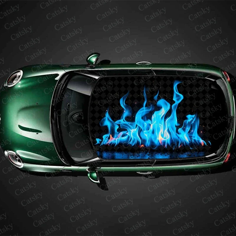 Blue Fire Burning Flame Car Roof Sticker Wrap Racing SUV Accessories Packaging Painted PVC Custom Car Graphic Decal