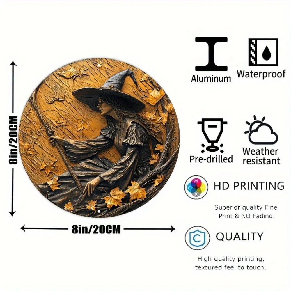 Pumpkin Halloween Witch Round Metal Aluminum Sign Art Desktop Decorative Plates for Bar Cafe Club Yard Home Office Wall Decor
