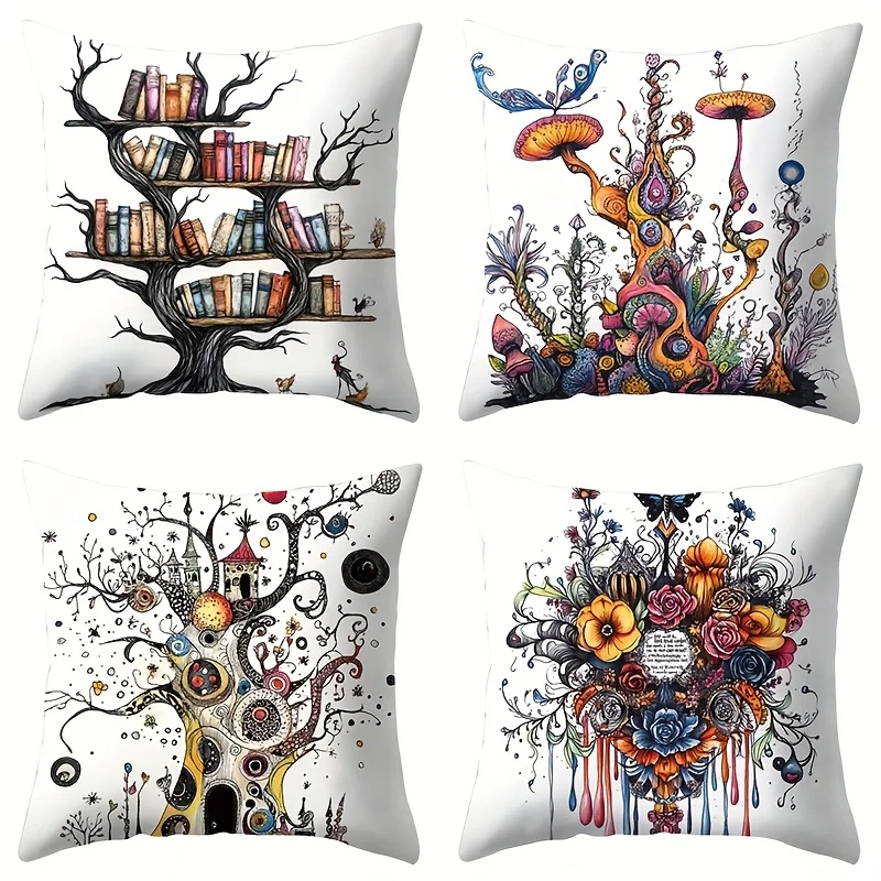 4pcs Weird trees and books Single-sided printing Short plush Suitable for living rooms bedrooms sofas (excluding pillow cores)