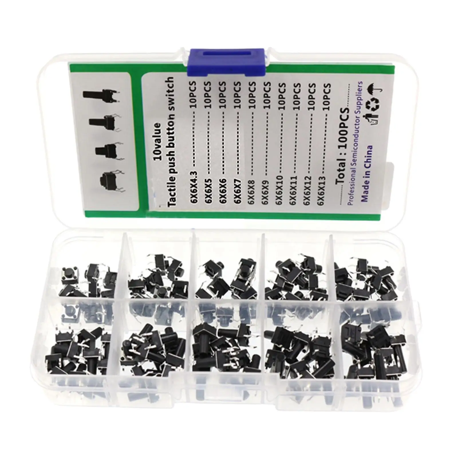100PCS 6x6mm Momentary Tactile Tact Push Button Switch Assortment Kits