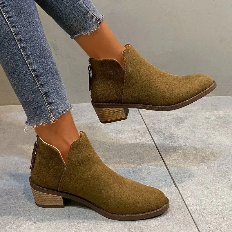 Botas romanas para mujer, botines aterciopelados, estilo británico, puntiagudos, con cremallera trasera, zapatos finos para trabajo de oficina, zapatos de tacón cuadrado para mujer, color caqui