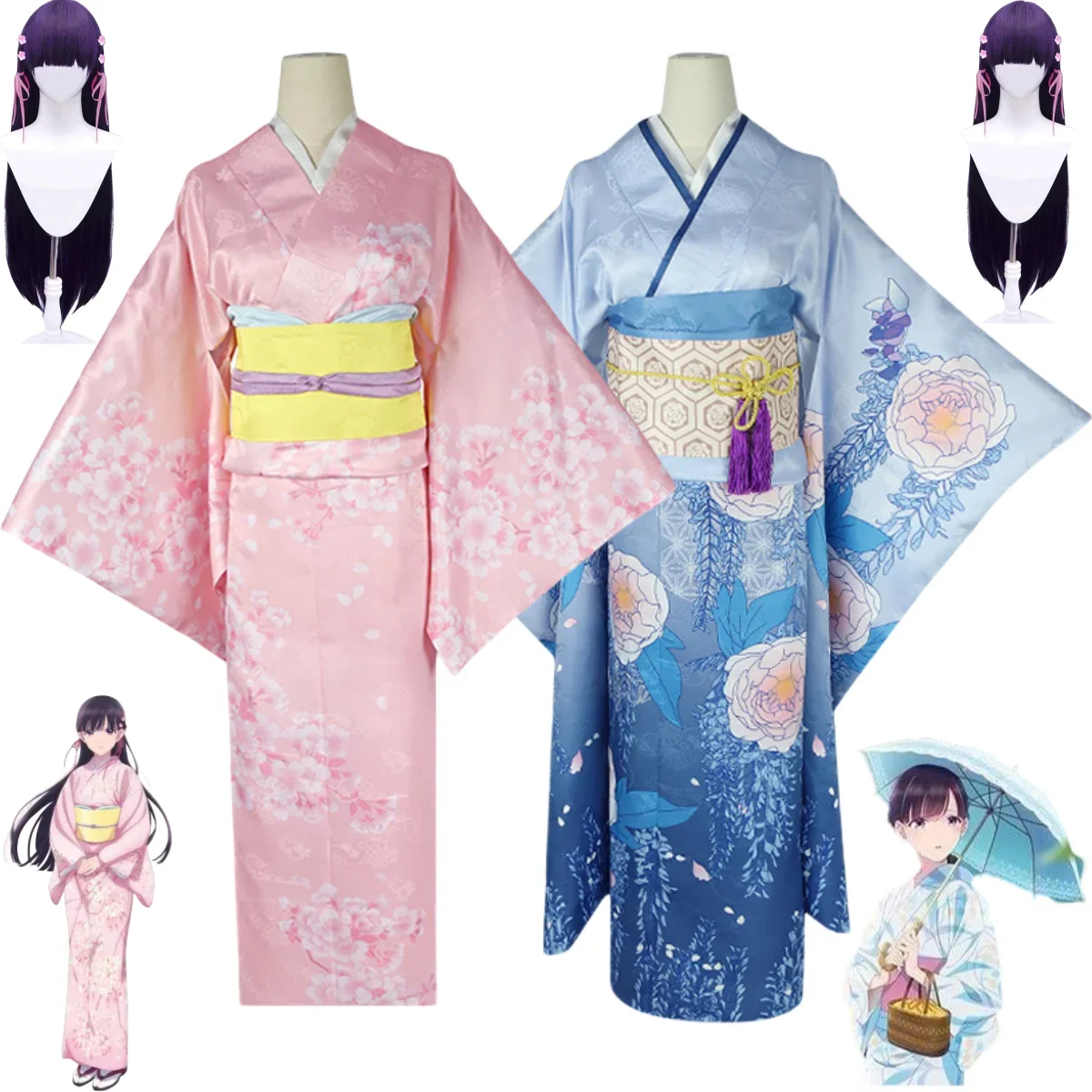 Anime My Happy Marriage Saimori Miyo Cosplay Costume Wig Japanese Kimono Pink Blue Dress Outfit Woman Kawaii Halloween Suit