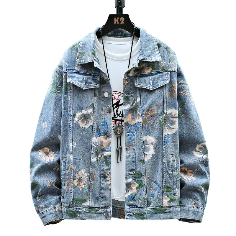 

Vintage Floral Print Denim Jacket Large Size Loose Men Color Blocking Coat Single Breasted Long Sleeve Lapels Top Men's Clothing