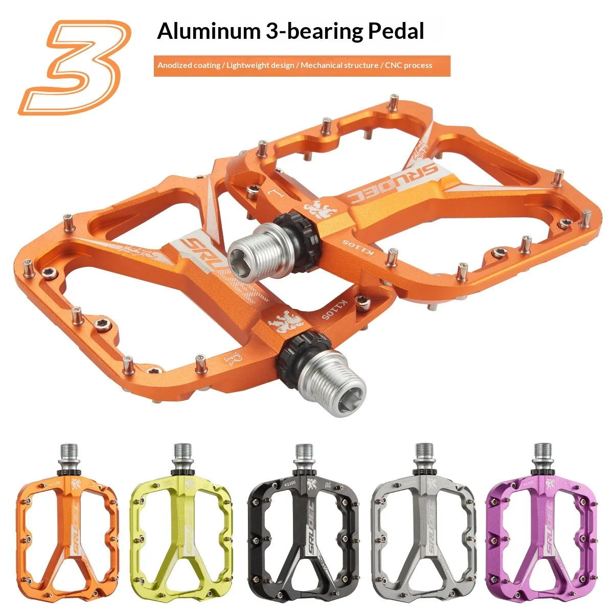 Srupec Mountainbike-Pedale, versiegelte drei Lager, Aluminiumlegierung, eloxiert, rutschfest, große Plattform, hochfeste CNC-Pedale