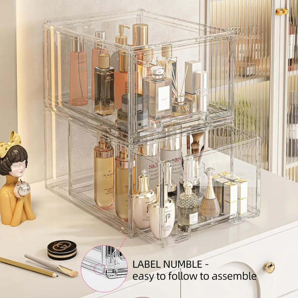 2 Packs Plastic Stackable Storage Drawers, Clear Desktop Drawer Organizers, 2 Drawer Storage Organizer, Make up Organizer with D