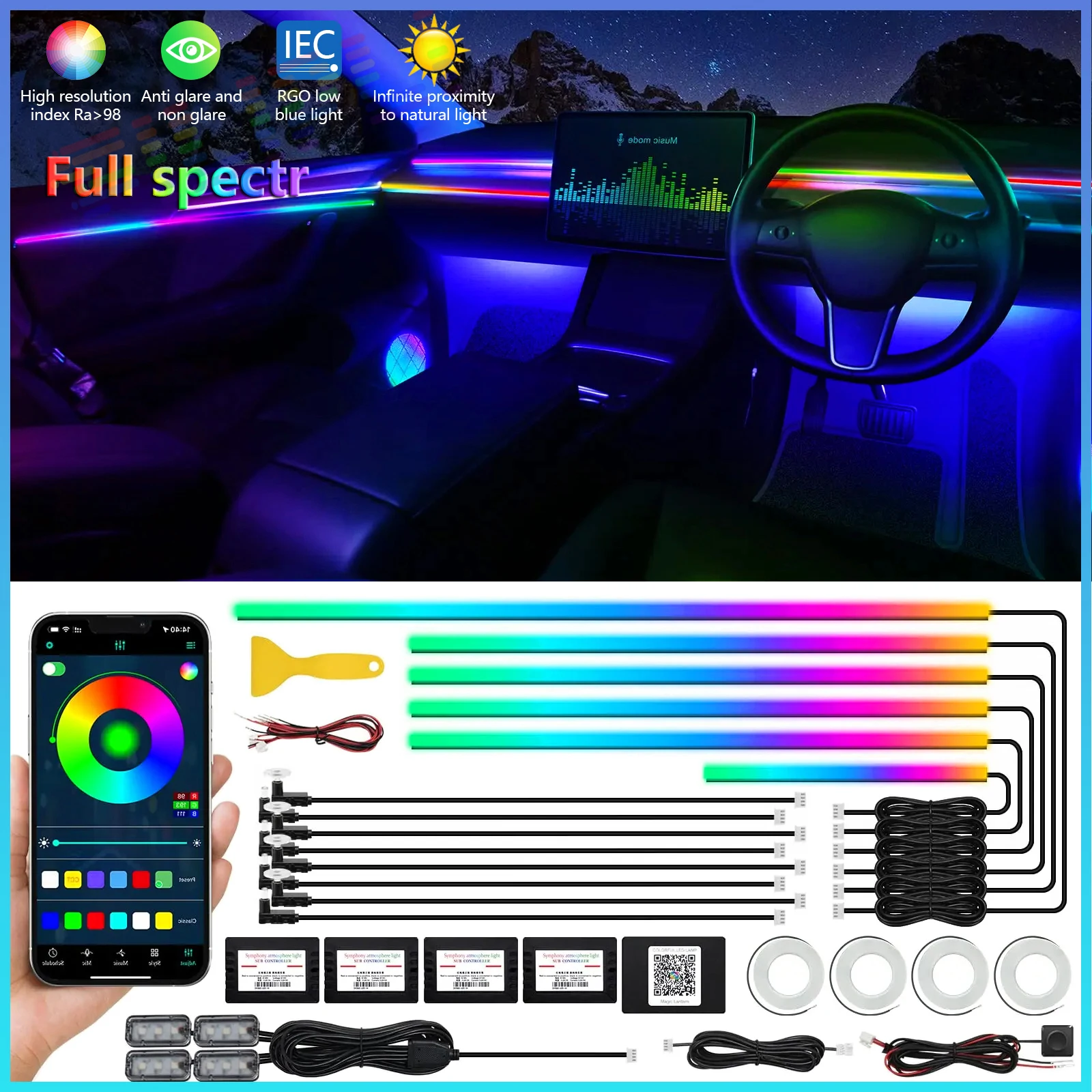 Full Neon Streamer Car Ambient Lights RGB 64 Colors LED Interior Hidden Acrylic Strip Bens Symphony Atmosphere Lamp Accessories