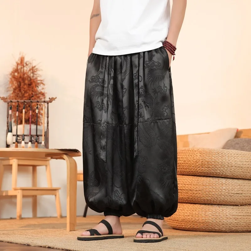 الرجال بنطال ذو قصة أرجل واسعة الصيف الحرير الجليد ضوء رقيقة هارون السراويل النمط الصيني التنين طباعة بنطلون غير رسمي فضفاض المعتاد الرجال الملابس