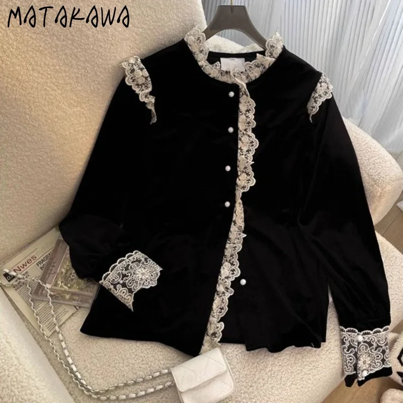 Matakawa Ruffles Velvet Blouses Women Tops Autumn Winter Vintage Elegant Korean Fashion Blusas Mujer Sweet Lace Shirts