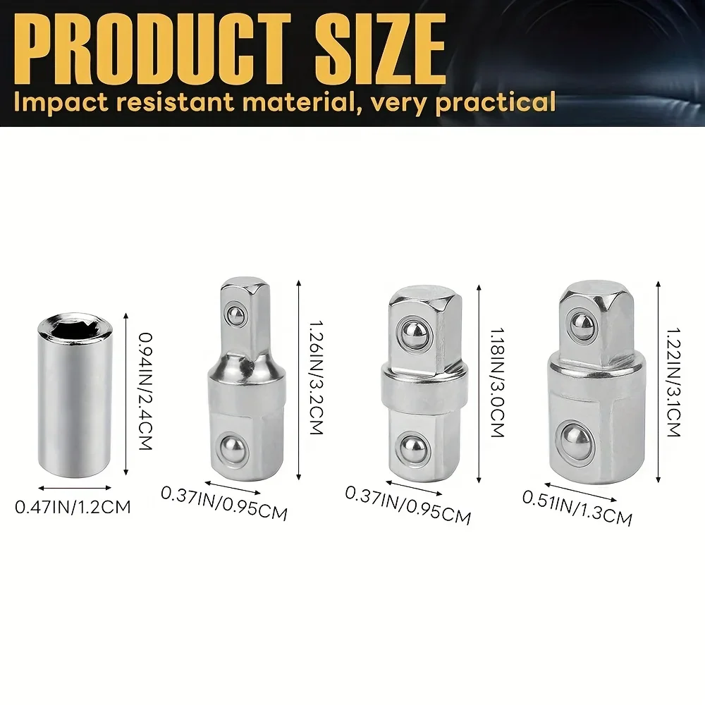 4-teiliger Steckschlüsseladapter-Set: 3/8 auf 1/2, 3/8 auf 1/4, 1/2 auf 1/2 – für Schlagschrauber, Ratschenschlüssel und Reparaturwerkzeuge – Detail 1