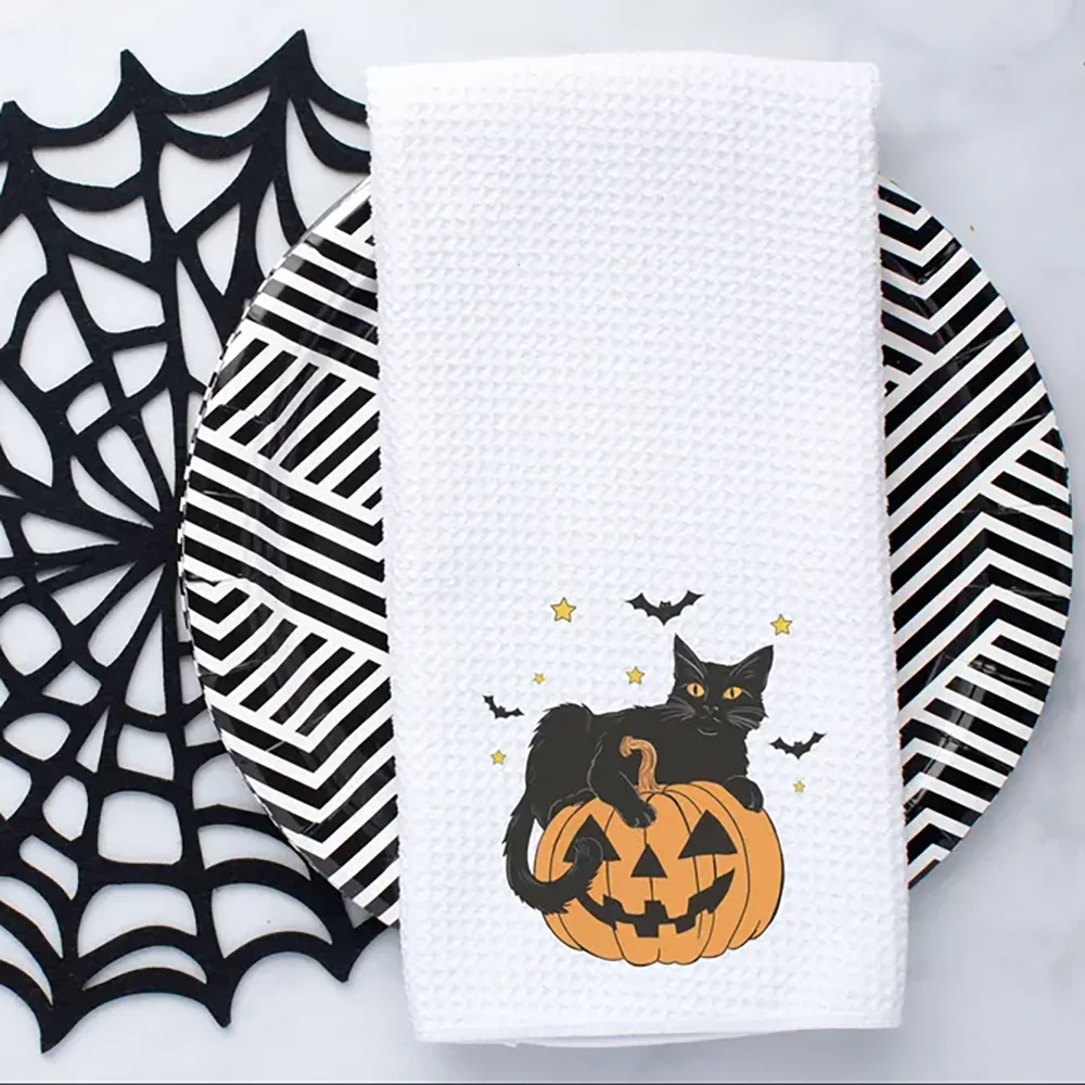 

Halloween Black Cat Waffle Tea Towel Kitchen Dish Towel Halloween Jack O Lantern Kitchen Decor Holiday Housewarming Hostess Gift
