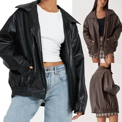 Vrouwen Herfst Winter PU Leren Jas Losse Rits Lange Mouw Jasje Effen Kleur Mode