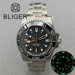 BLIGER 40mm Watch For Men NH34 Automatic AR Coating Sapphire Glass Ceramic Bezel Wave Dial Orange GMT C3 Green Luminous 3o'clock