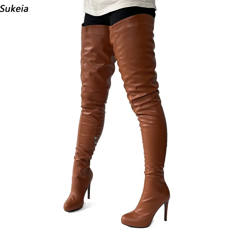 

Sukeia New Arrival Women Winter Thigh Boots Unisex Stiletto Heels Round Toe Gorgeous Brown Party Shoes Ladies US Plus Size 5-20