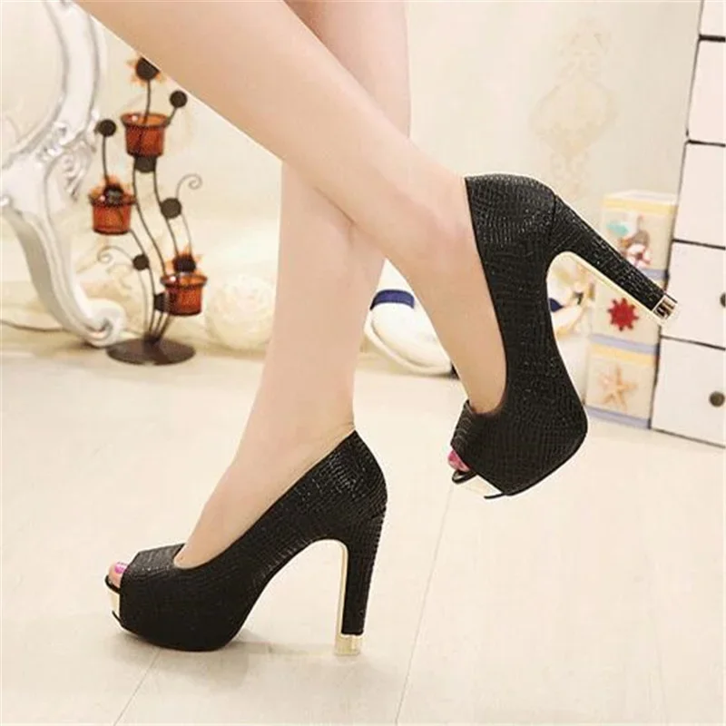 Fashion Women Pumps Platform 12CM High Heels Shoes Lady Striped Peep Toe Square Heel Dress Shoes Sexy Wedding Bridal Shoes