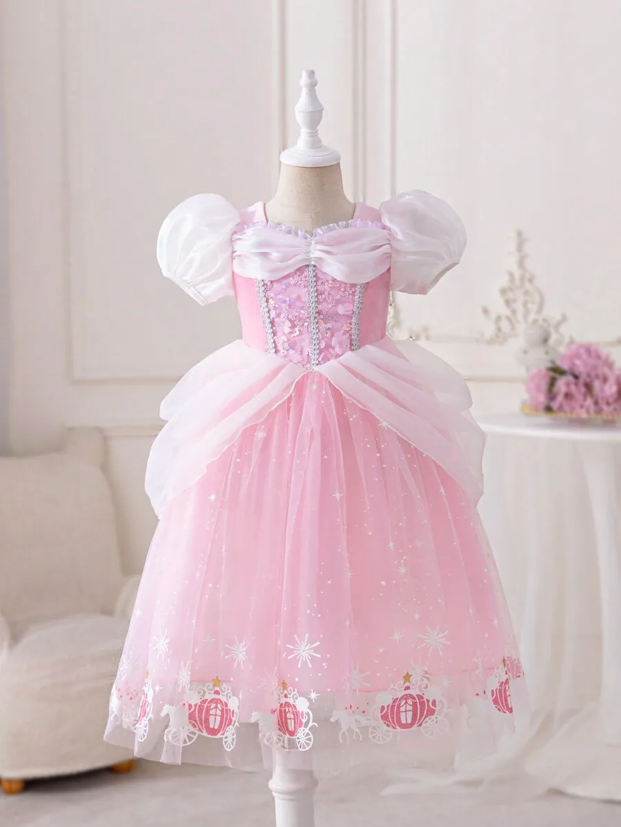 

Pink Ball Gown Dress With Puff Sleeves And Tulle Skirt For Formal Evening
