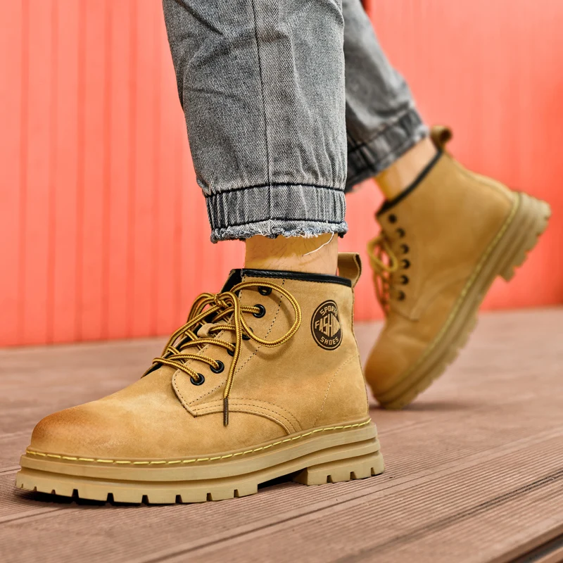 Luxury Brand Walking Boots For Men Women Outdoor Genuine Leather Yellow Ankle Boots Winter High Top Couple Anti-skid Casual Shoe