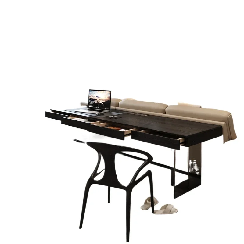 Double solid wood black desk ash wood horizontal hall sofa back long table workbench acrylic