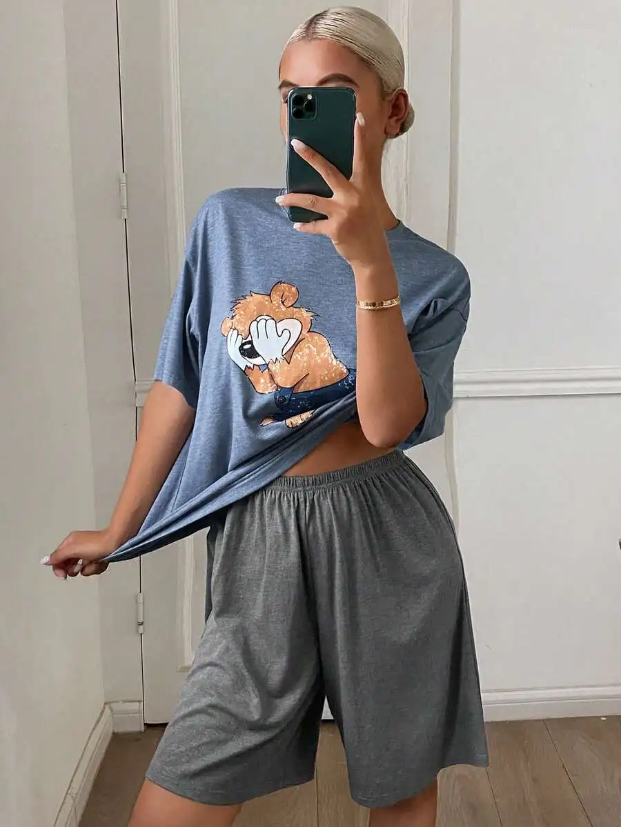 

Womens Bear Print Short Sleeve Pajama Set Comfortable Casual Sleepwear