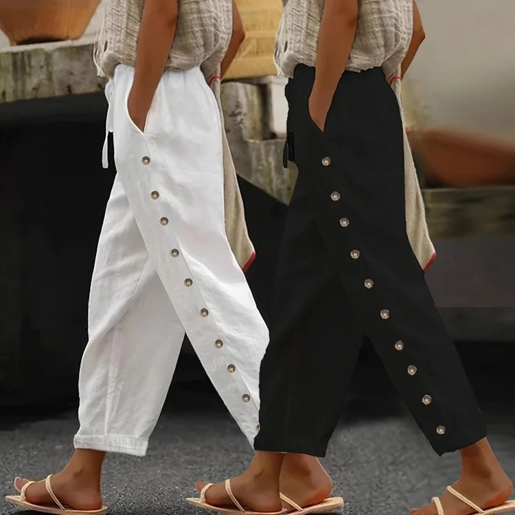 Spring Summer Versatile Side Button Cotton Linen Casual Pants, Elastic Waist Loose Straight Cropped Trousers