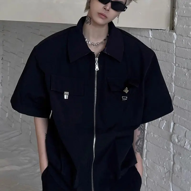 

plus Size Men's ort Sve irt Metal Decorated oulder Pads Zipper Casual Faion Urban Sle Breathable Summer irt
