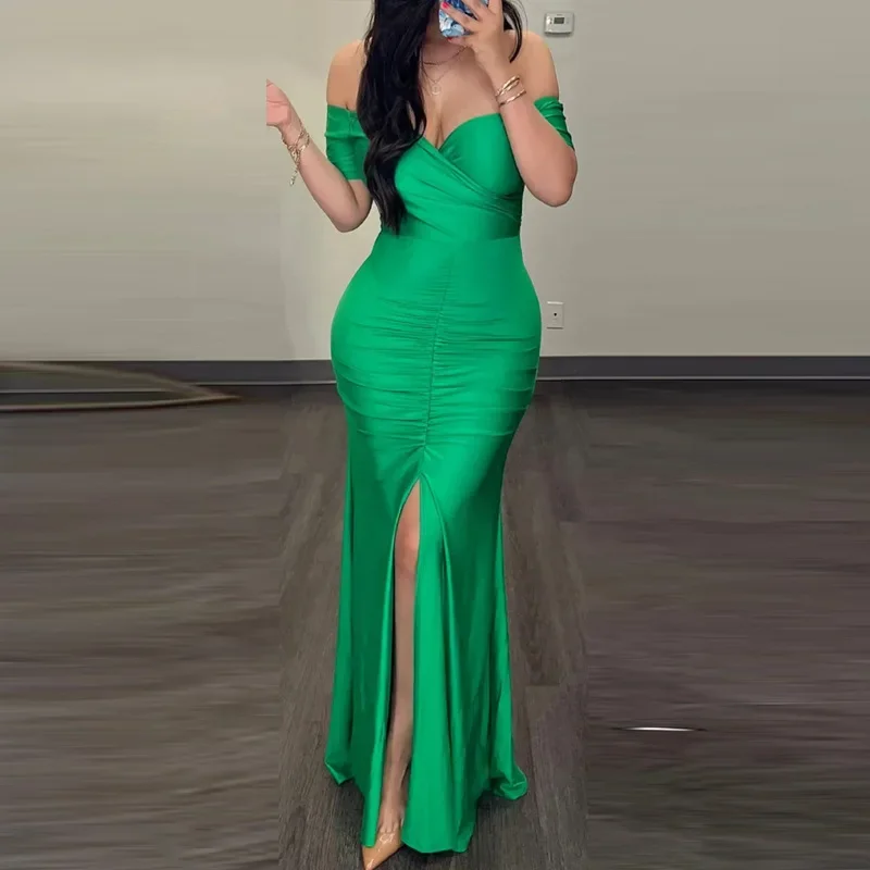 2025 primavera verão novas roupas femininas cor sólida com decote em v cintura fenda vestido plissado vestido sexy