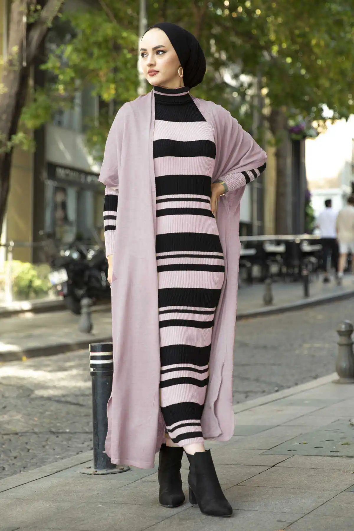 Striped Knitwear Suit Dust Pink Winter Autumn 2021 Muslim Women Hijab headscarf Islamic Turkey