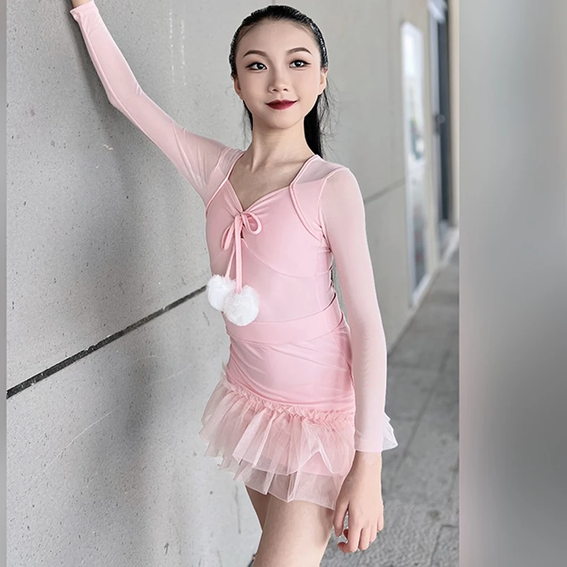

Pink Latin Dance Dress Girls Mesh Long Sleeves Dress Suit Kids Training Practice Clothing Cha Cha Rumba Show Dancewear DNV22886