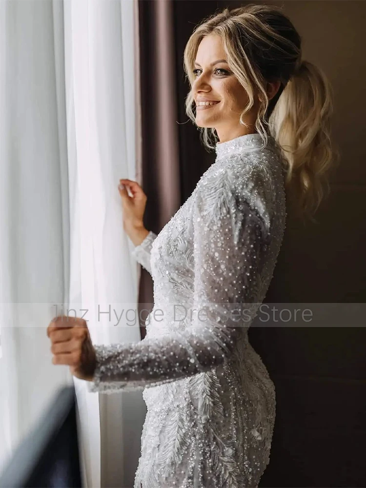 Luxury Wedding Dresses Sequined Beading Applique Mermaid Glitter Wedding Gown Long Sleeves High Collar Side Split Bridal Dresses