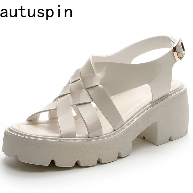 

AUTUSPIN Summer Sandals Platform Wedge Fashion Women Shoes New Patent Leather Students Rome Concise Ladies Sandals Size 34-40