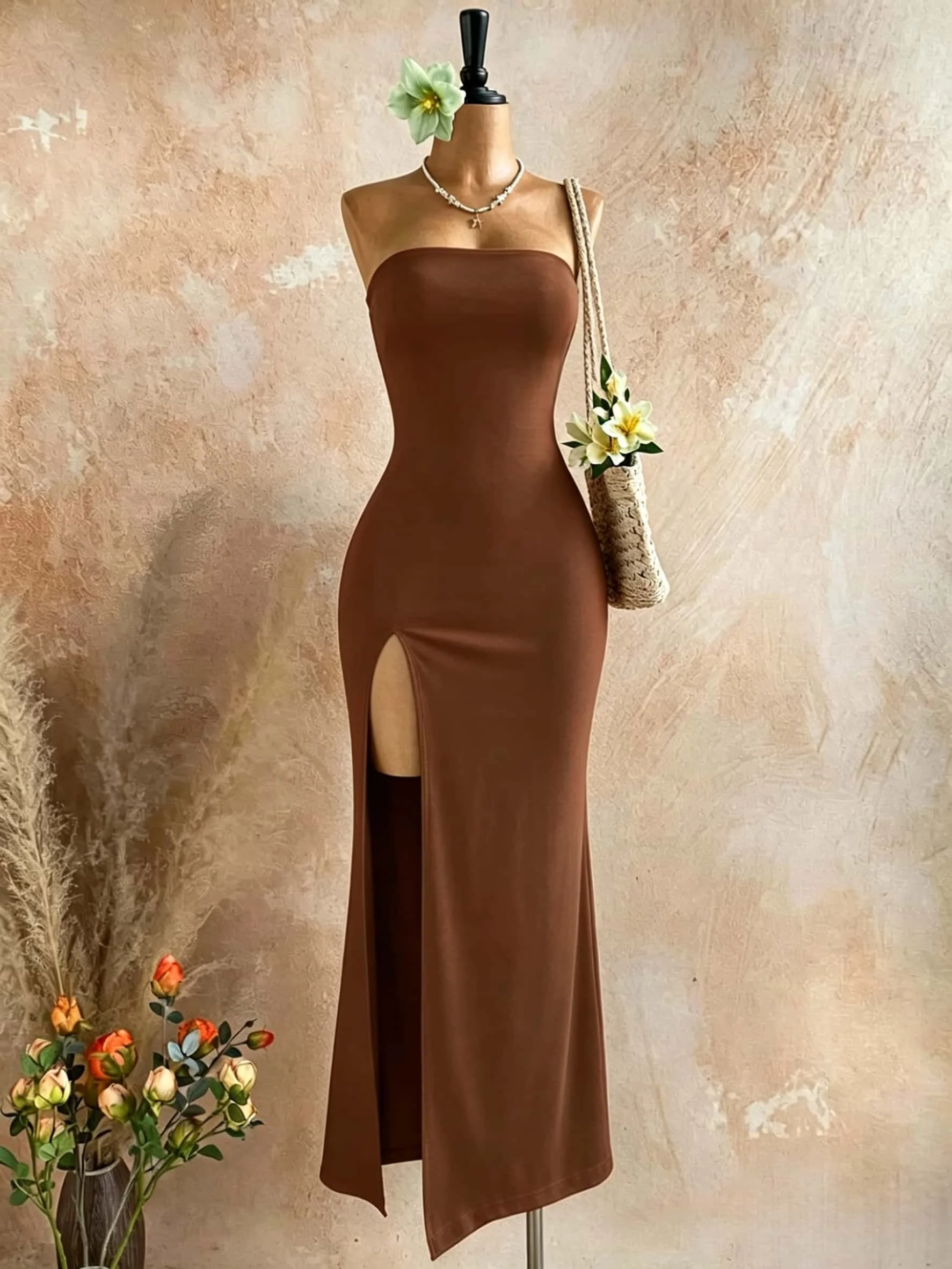 Damen Trägerloses Maxikleid mit Hohem Schlitz, Figurbetontes Sexy Langes Tube-Kleid – Detail 7