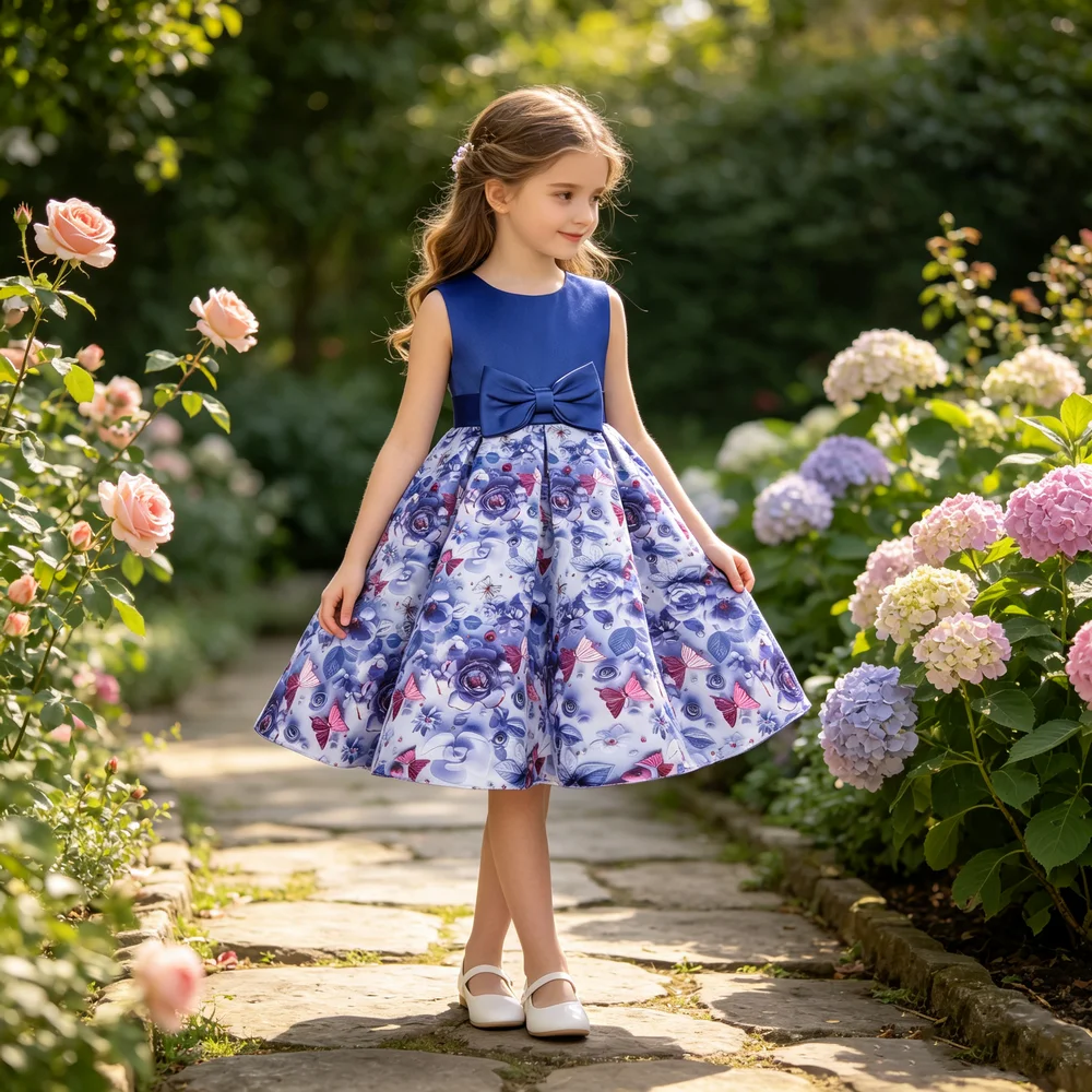 Europa und die USA: Neues Ärmelloses Kleid mit Schleifenmuster für Kinder, Prinzessinnenkleid für Feiertage und Abendveranstaltungen