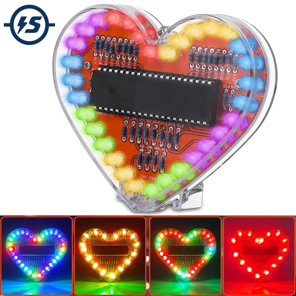 DIY Electronic Kit Heart Shaped LED Light RGB Flashing Module Water Lamp Soldering Project Practice For School Student STEM