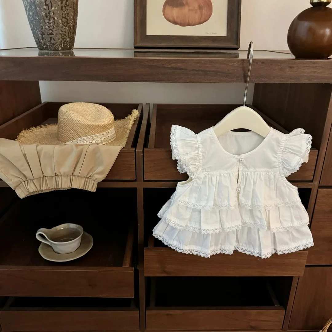 

Summer New Heavy Industry Baby Girl Sweet Lotus Leaf Edge Small Flying Sleeve Cake Top Foreign Style Set Summer Dress