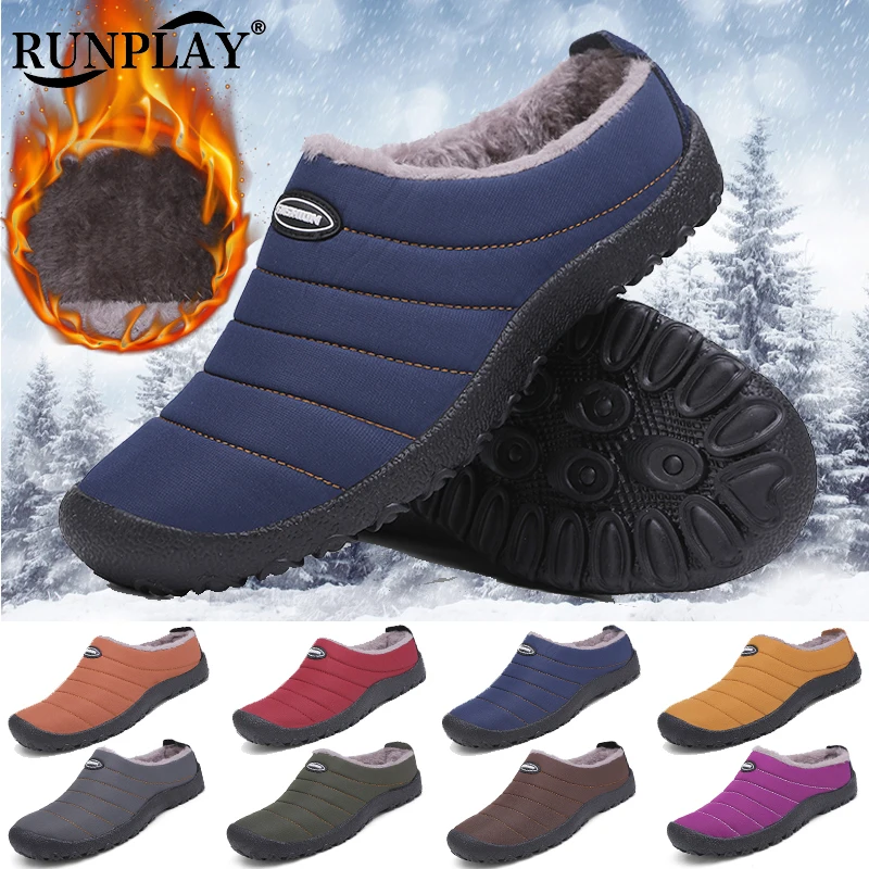 Men Warm Cotton Slippers Winter Women Home Plush Shoes Waterproof Couple Thick Sole Warm Fur Slides Outdoor Casual Snow Boots