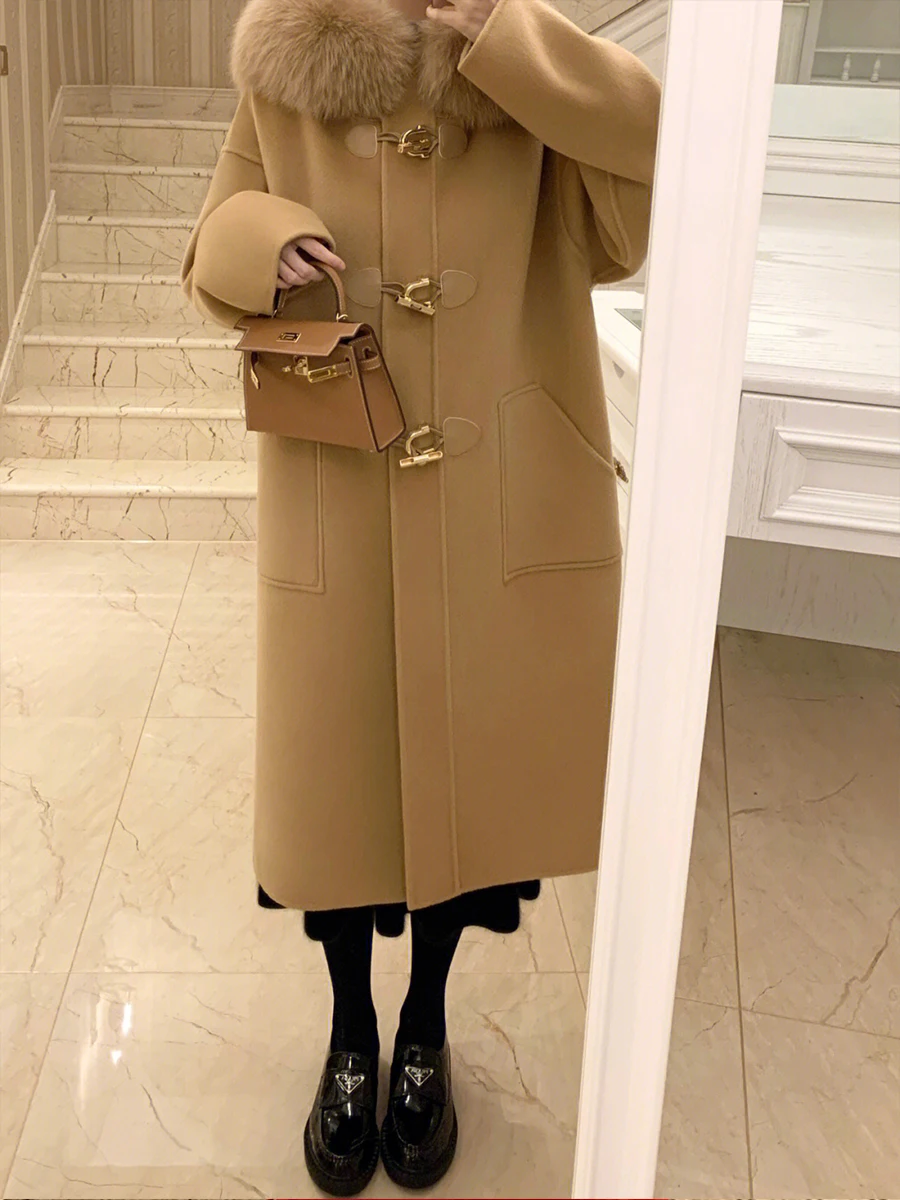 

Women's Double-Faced Camere Coat Winter Korean Sle Hat with Fur Collar Button-Up Long Sve Pure Color Mid-Length