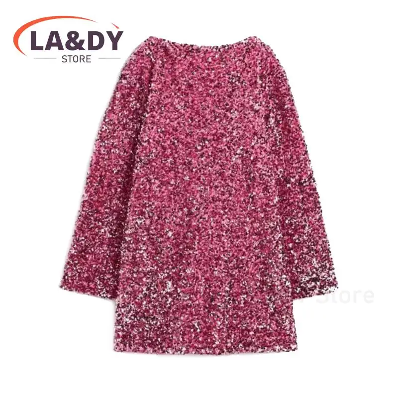 Dress Women 2024 Fashion Sequin Bowknot Round Neck Female Solid Color Casual Long Sleeve Pullover Mini Party Dresses Ladies