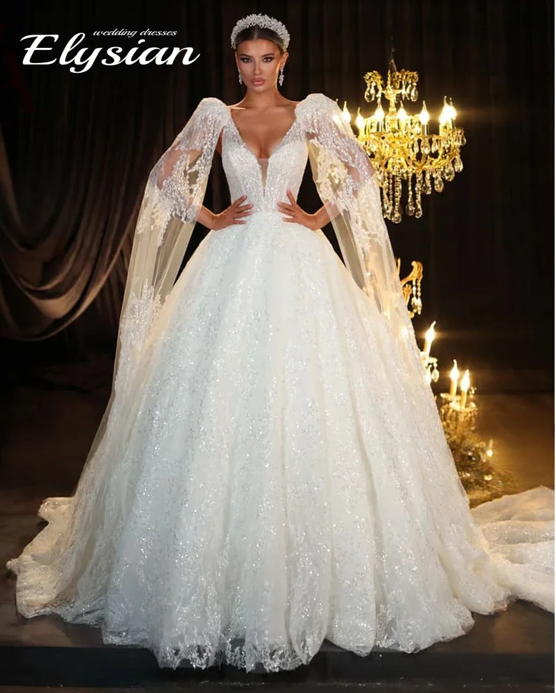 Maßgeschneidertes wunderschönes A-Linie-Hochzeitskleid, luxuriös, V-Ausschnitt, 2-in-1-Umhang, Prinzessin-Brautkleid, Vestido de Noiva