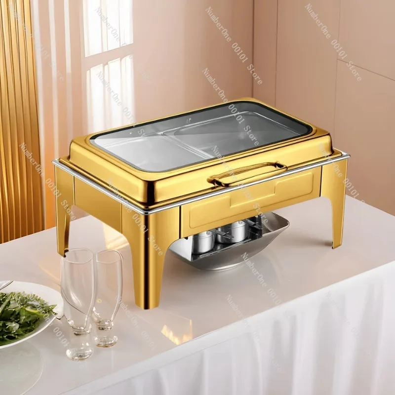 Hotel Buffet Stainless Steel Chafing Dish Visible Glass Lid Hydraulic Cover Heated Food Warmer Large Capacity Breakfast Serving