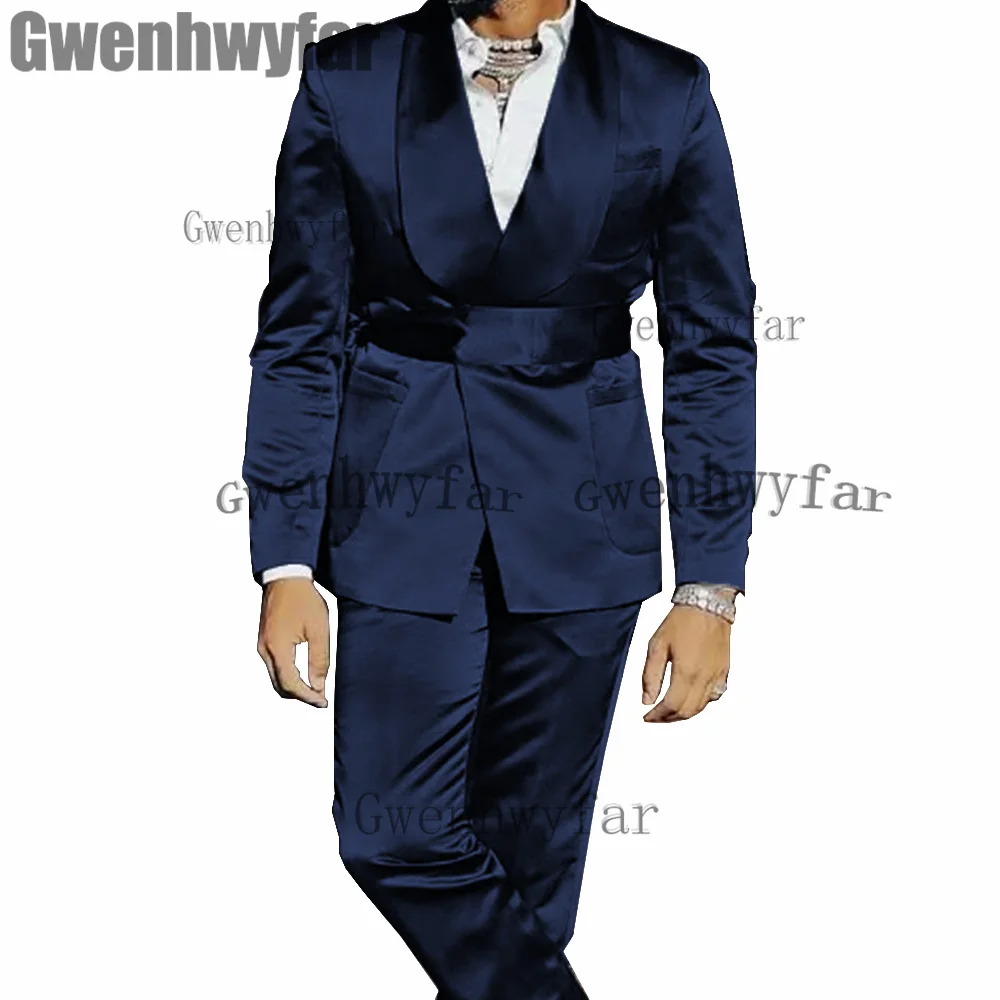 Gwenhwyfar High Quality Men\'s 2 Piece Suit Satin Wedding Tuxedo Party Dress Slim Fit Fashion Banquet Jacket Sets (Blazer+Pants)