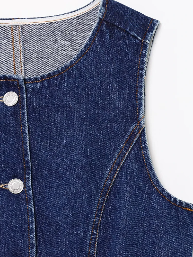 Chalecos vaqueros de verano para mujer, abrigos 2025, moda sólida con cuello redondo, un solo pecho, elegante chaleco ajustado de calle para mujer, prendas de vestir exteriores