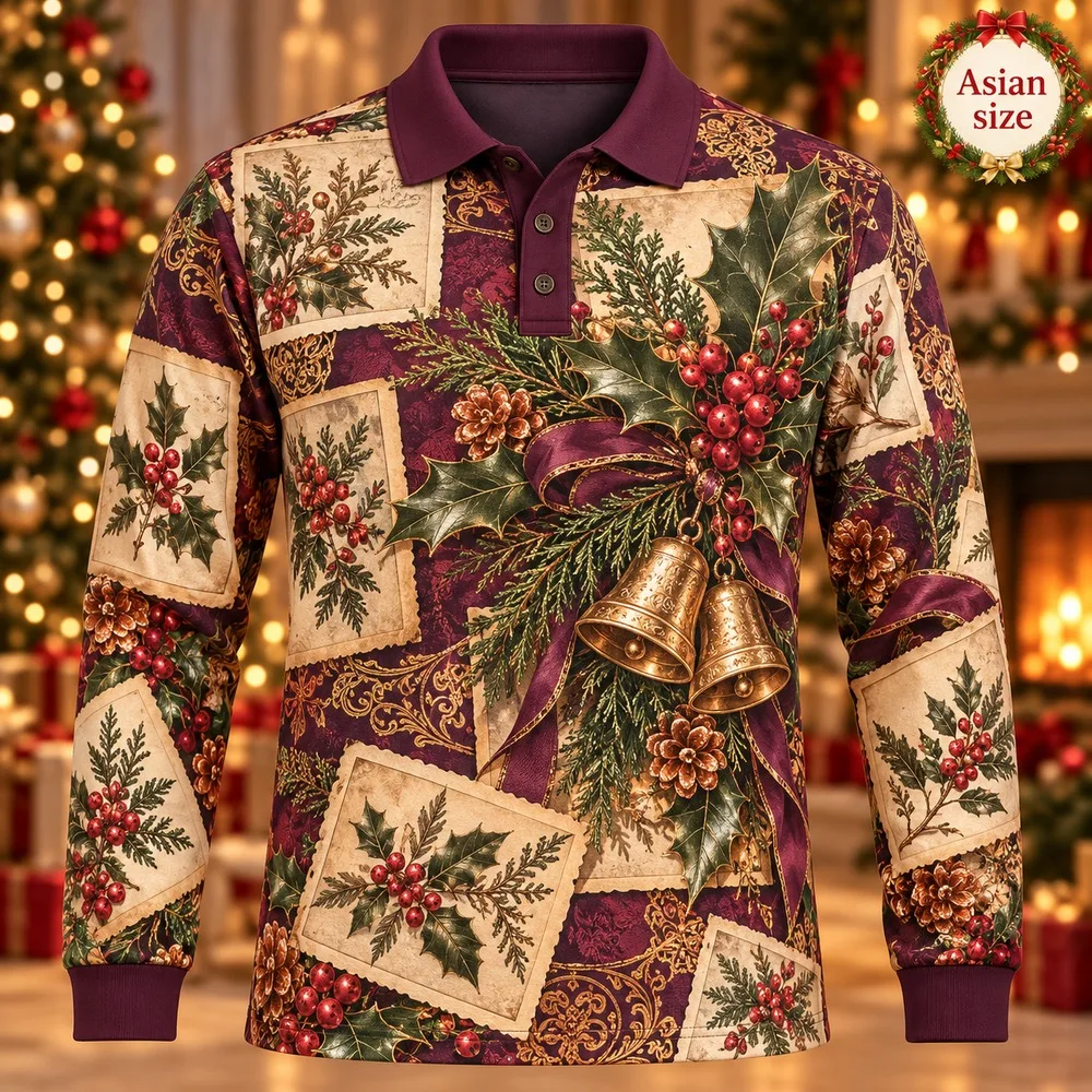 New Holly Berry Botanical Long Sleeve Polo Shirt for Men 3D Print Polyester Holiday Graphic Festive Casual Winter Party Gift