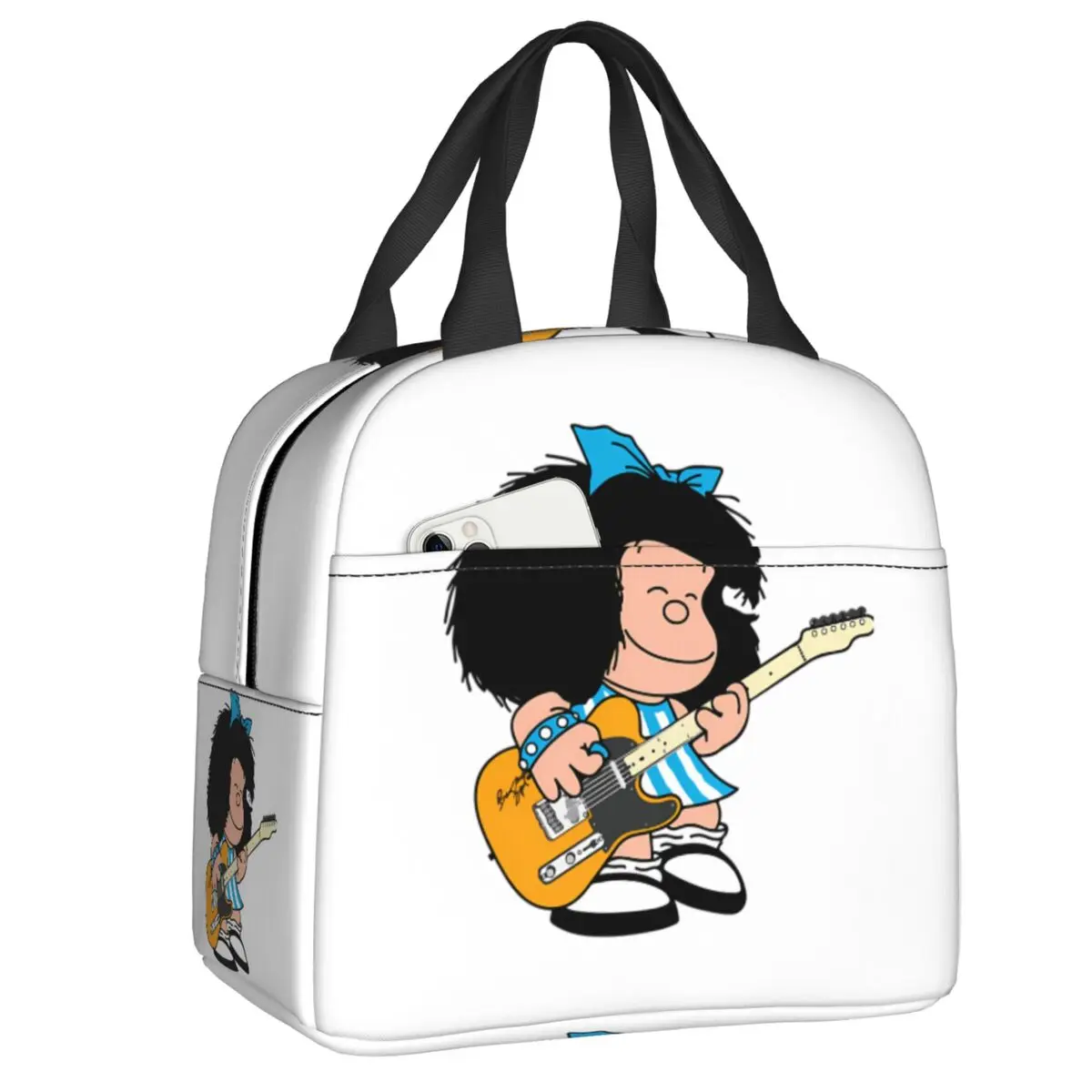 Bolsa térmica personalizada con diseño de Mafalda Quino tocando la guitarra, bolsa térmica portátil con dibujos animados de manga para mujer, caja térmica Bento