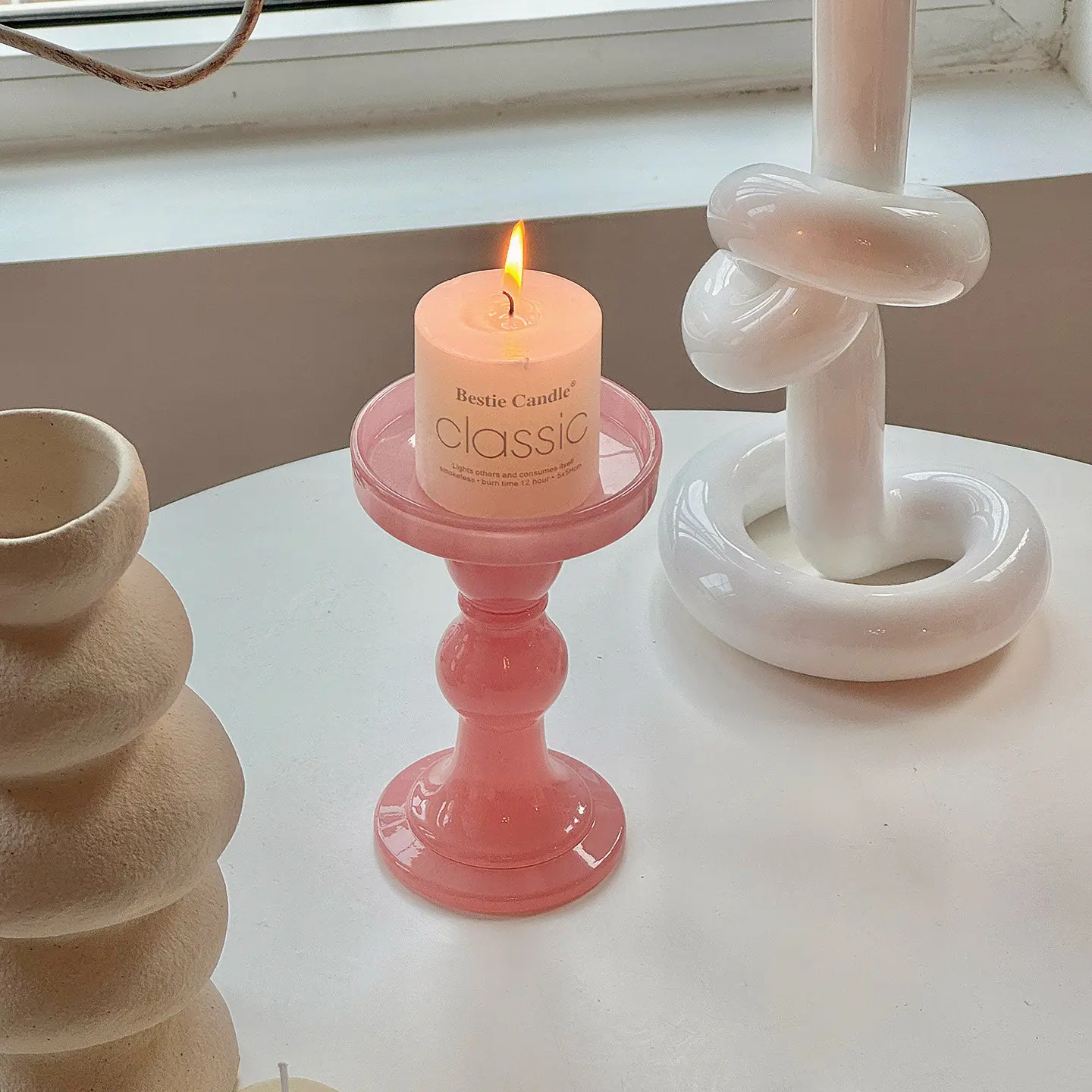 French Pink Glass Candle Holder Romantic Wedding Decor Nordic Style Home Desktop Ornament High Grade Living Room Candlestick
